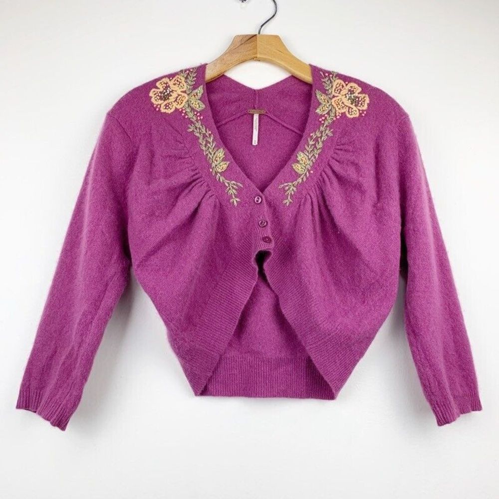 Free People Womens Sweater Shrug Purple Embroidered Lambswool Blend V Neck M